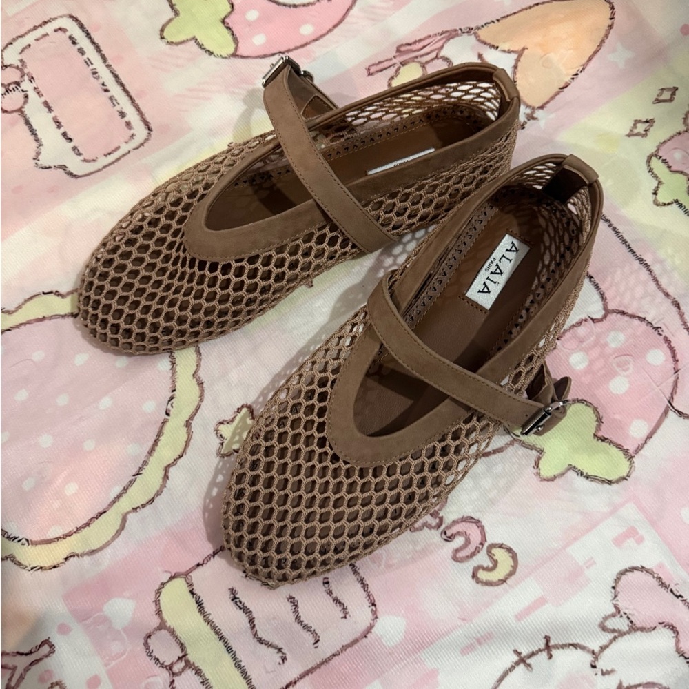 Alaia Tan Brown Mesh Mary Jane Flats
